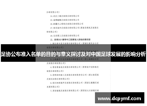 足协公布准入名单的目的与意义探讨及对中国足球发展的影响分析